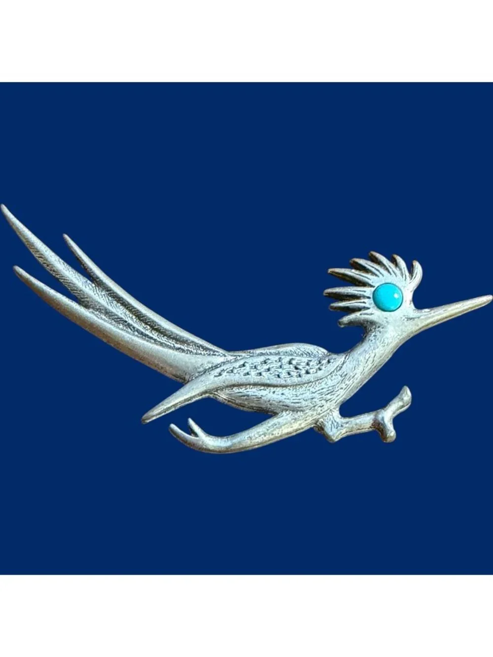 Figural Bird Brooch Pin Silver Tone Turquoise Cabochon Eye Roll-Over Clasp